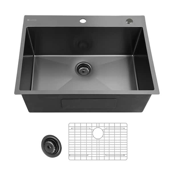 25 in. Drop-In Single Bowl 18 Gauge Gunmetal Black Stainless Steel Kitchen Sink