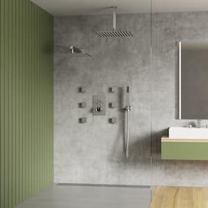 Thermostatic Valve 15-Spray 12 in. Square Ceiling Mount Dual Shower Head Shower System with 6-Jet in Brushed Nickel