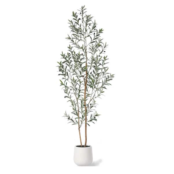 DR.Planzen 7 ft. Artificial Olive Tree with White Planter, Tall Faux Olive Trees with Natural Wood Trunk