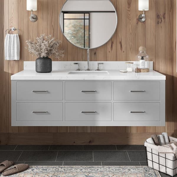 ARIEL Hutton 60.25 in. W x 22 in. D x 19.6 in. H Single Sink Freestanding Bath Vanity in Grey with Carrara White Quartz Top