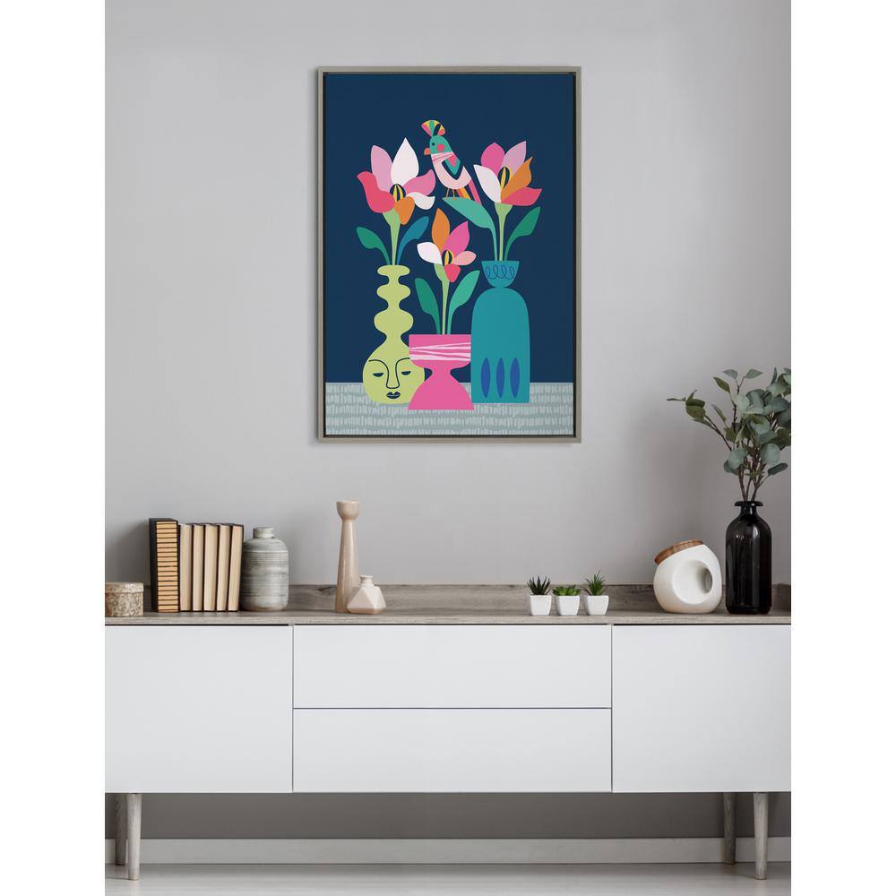 Mid Century Modern Multicolor Floral Canvas Print with Gray Frame