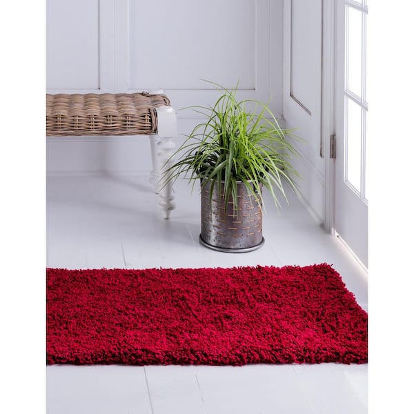 Unique Loom Solid Shag Cherry Red 10 ft. Runner Rug