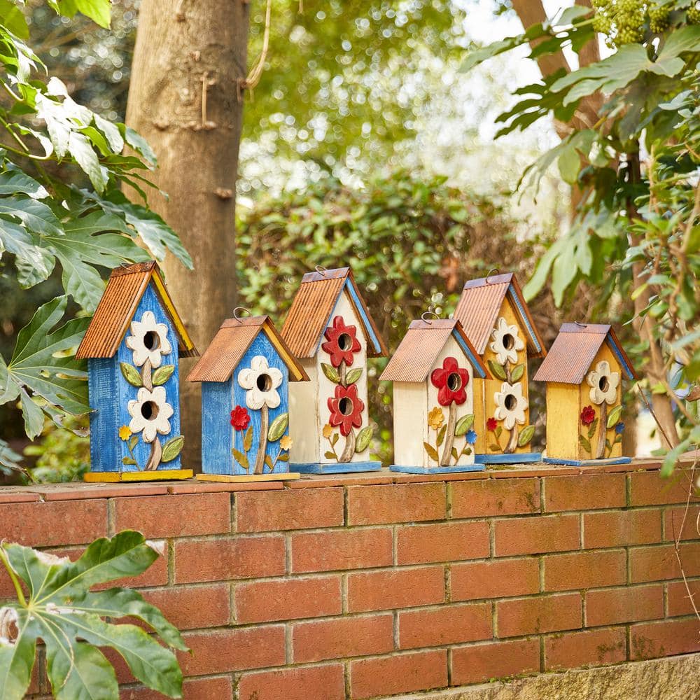 Yellow Distressed Solid Wood Birdhouse with 3D Flowers