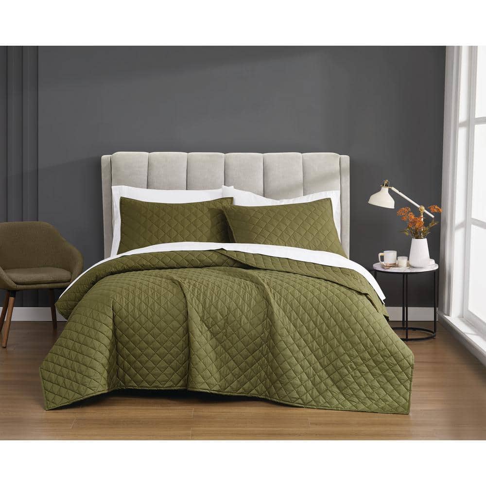 Olive Green Cotton Percale Quilt Set with Shams