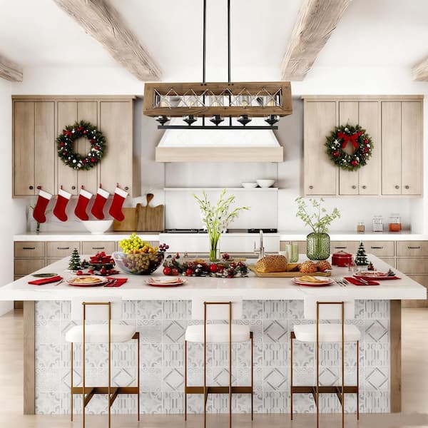 Modern Farmhouse Chandelier 32 in. W Black Rectangular Dining Room Chandelier, 5-Light Kitchen Island Wood Pendant Light