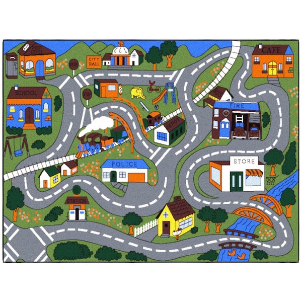 Jenny Collection Non-Slip Rubberback Educational Town Traffic Play 5x7 Kid's Area Rug,5 ft.x6 ft. 6 in.,Green/Multicolor
