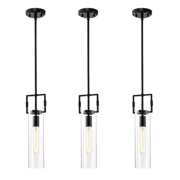 Edvivi Essence 1-Light Matte Black Modern Mini Pendant Light with Clear Cylindrical Glass Shade (3-Pack)