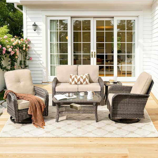 Meis Gray 5-Piece Wicker Patio Conversation Set with Beige Cushions and Swivel Chairs