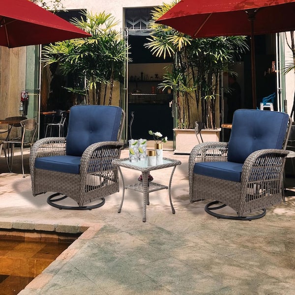 MEOOEM Outdoor 3-Piece Brown Wicker Patio Conversation Set with Blue Cushions, Swivel Rocking Chairs and Glass Top Table Set