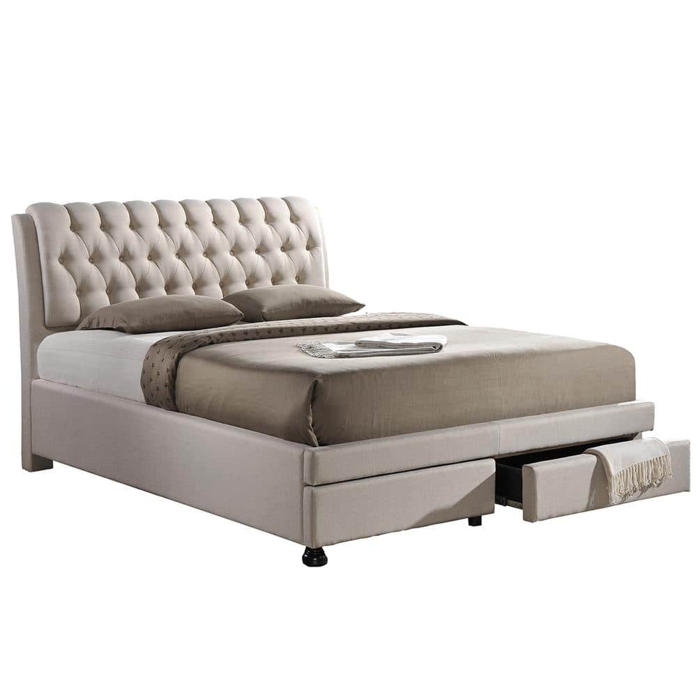 King Light Beige Upholstered Storage Bed with Tufted Headboard