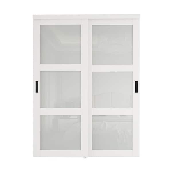 ARK DESIGN 60 in. x 80 in. 3-Lite Frosted Glass White Finished MDF Closet Sliding Door with Hardware and No Grooving Black Handles