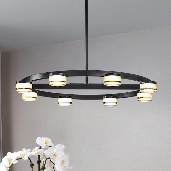 ALOA DECOR 8-Light 32 in. W Modern Contemporary Wagon Wheel Circle Integrated LED Chandelier in Matte Black Buld Included