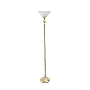 71 in. Gold Classic 1-Light Torchiere Floor Lamp with White Marbleized Glass Shade