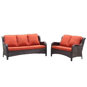 Vincent 2-Piece Wicker Outdoor Patio Conversation Seating Sofa Set with Orange Red Cushions