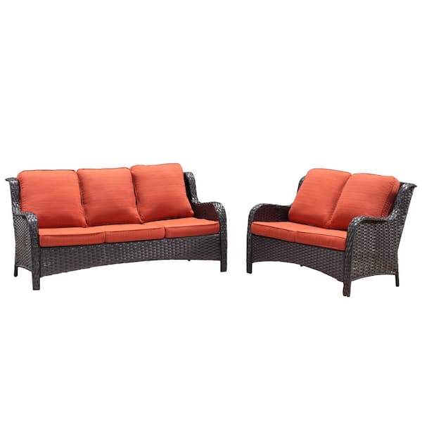 XIZZI Vincent 2-Piece Wicker Outdoor Patio Conversation Seating Sofa Set with Orange Red Cushions