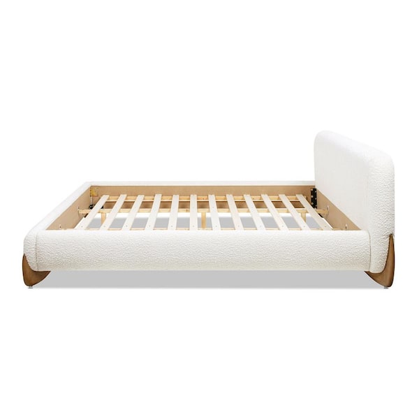 Alpine Boucle Upholstered Puffy Modern Platform King Size Bed Frame with Headboard in Ivory White