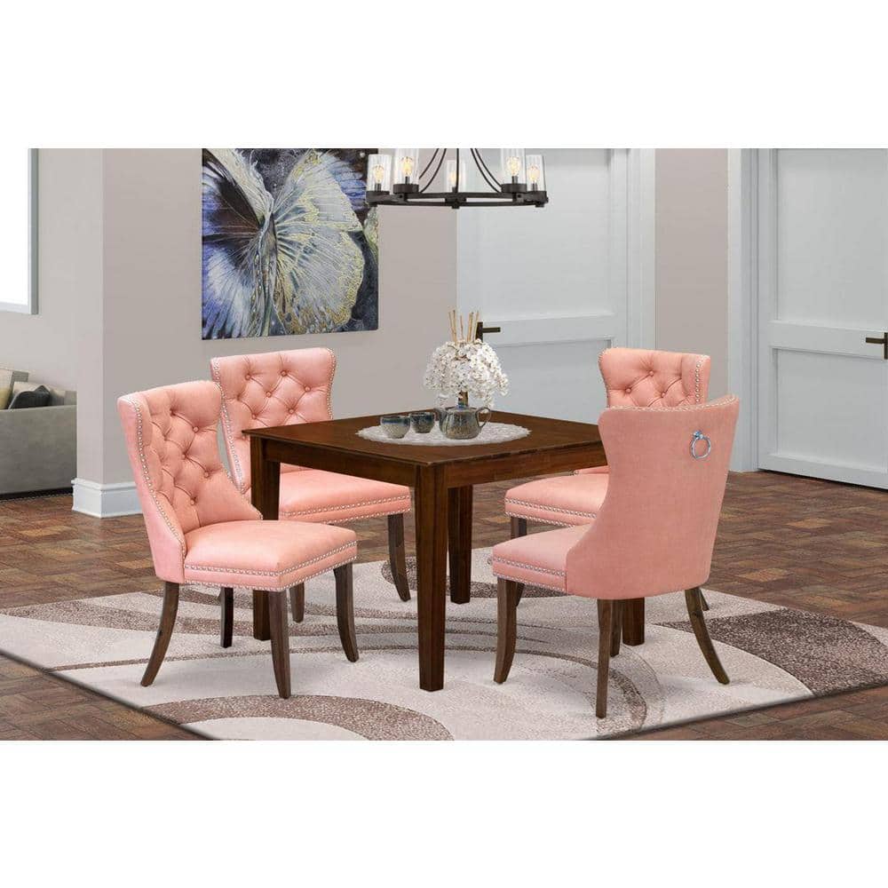 5-Piece Antique Walnut Finish Solid Wood Top - Square Upholstered Dining Room Set - Seats 4