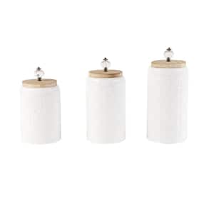 White Metal Floral Decorative Jars with Wood Lids (Set of 3)
