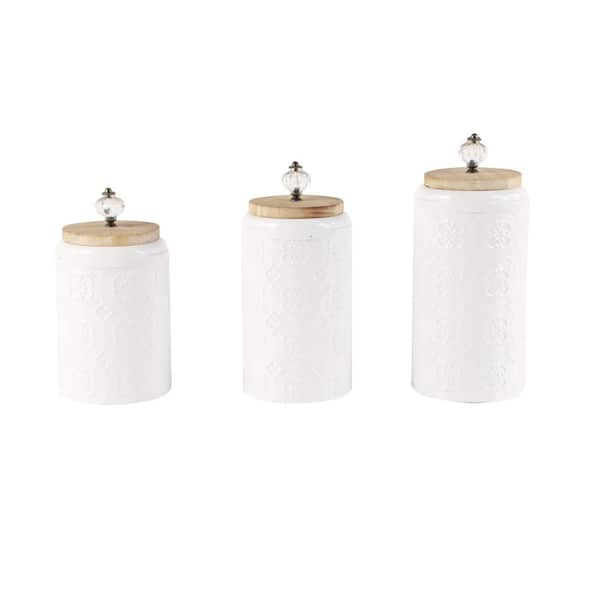 Litton Lane White Metal Floral Decorative Jars with Wood Lids (Set of 3)