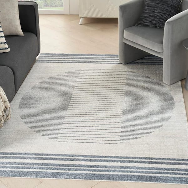 Astra Machine Washable Ivory Blue 4 ft. x 6 ft. Linear Contemporary Area Rug