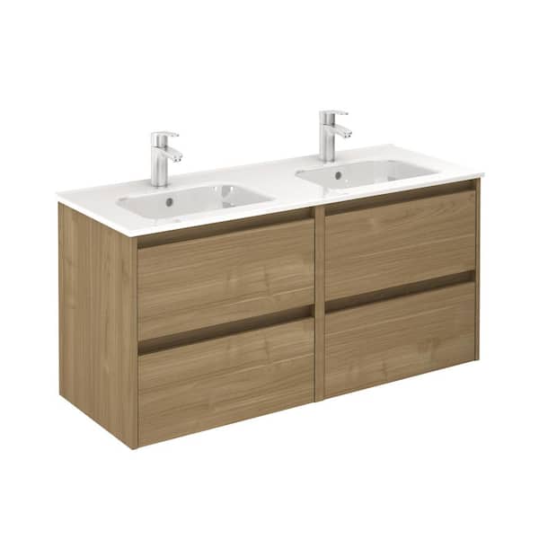 ROYO Sansa 48 in. W x 18 in. D x 23 in. H Vanity with Doors in Toffee Walnut with White Basin Top