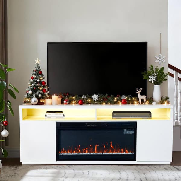 IHOMEadore 68 in. Freestanding Fireplace TV Stand for TVs Up to 75 in. with 36 in. Electric Fireplace Insert in White