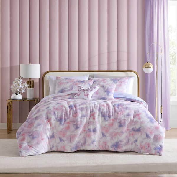 Sunset Tie Dye 4-Piece Pink/Purple Plush Polyester Twin Comforter Set