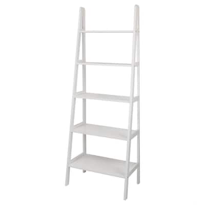 72 in. White New Wood 5-Shelf Ladder Bookcase with Open Back