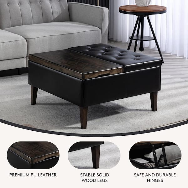 Storage Square Duplex Black Tufted Depot Lift-Top Faux Wood with and E91GJD-HD-BK Ottoman Large The - Solid Bench Upholstered Home Leather JEAREY
