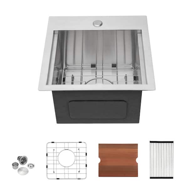 15 in. Drop-In/Topmount Single Bowl 18-Gauge Brushed Nickel Stainless Steel Workstation Kitchen Sink with Bottom Grid