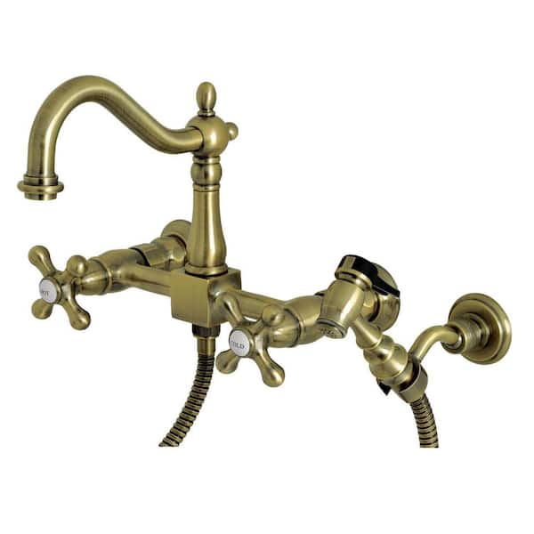 Heritage 2-Handle Wall Mount Kitchen Faucets with Brass Sprayer in Antique Brass