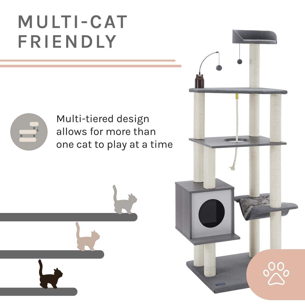 Gray Multi-Tiered Polyester Cat Tree with Hammock and Toys