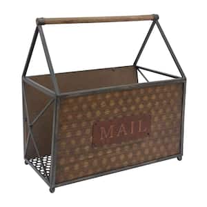 Brown and Gray with Handle and Typography Rectangular Wood and Metal Frame Basket