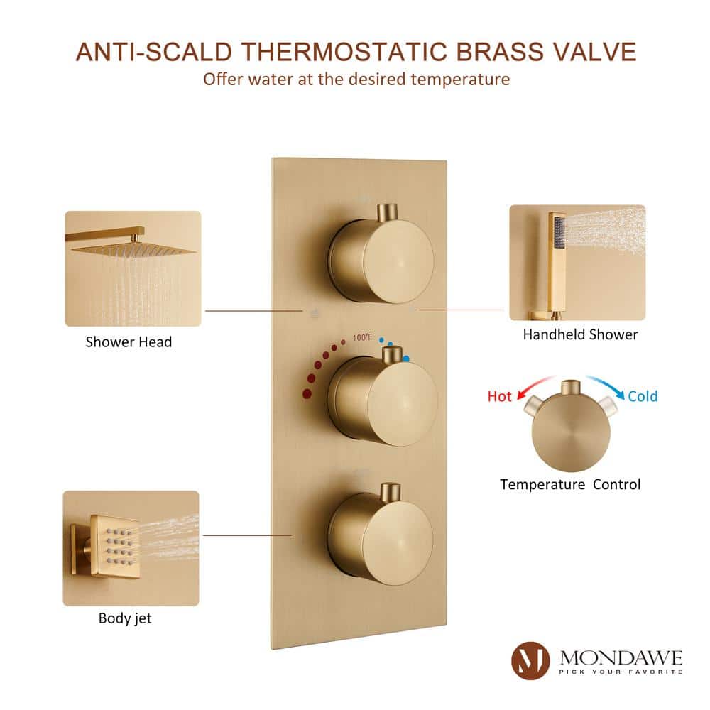 Brushed Gold Dual Square Wall Mounted Shower System with Body Jets