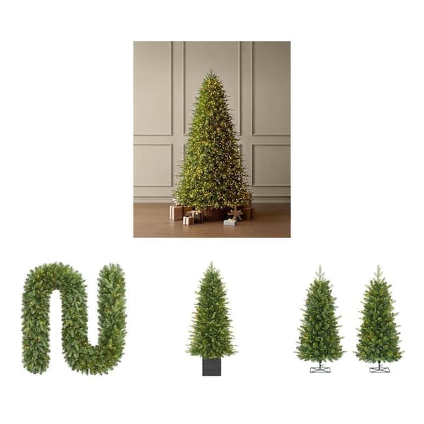 Grand Duchess Twinkling Pre-Lit Collection: 9 ft. Artificial Tree, 4 ft. & 3 ft. (2pk) Potted Trees & 9 ft. Garland
