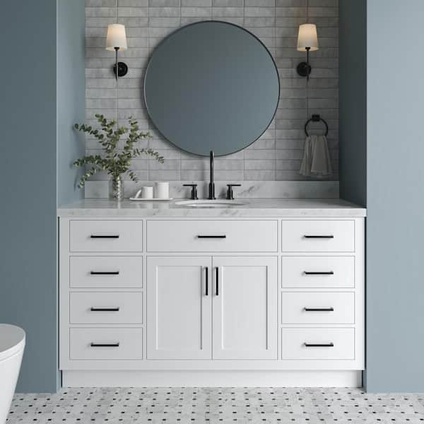 ARIEL Hepburn 61 in. W x 22 in. D x 36 in. H Bath Vanity in White with White Carrara Marble Vanity Top with White Basin