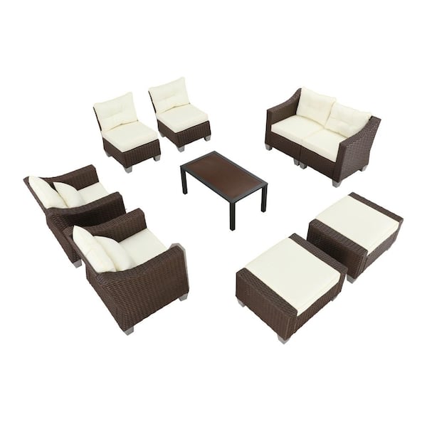 Patio Festival 9-Piece Wicker Patio Conversation Set with Beige Cushions