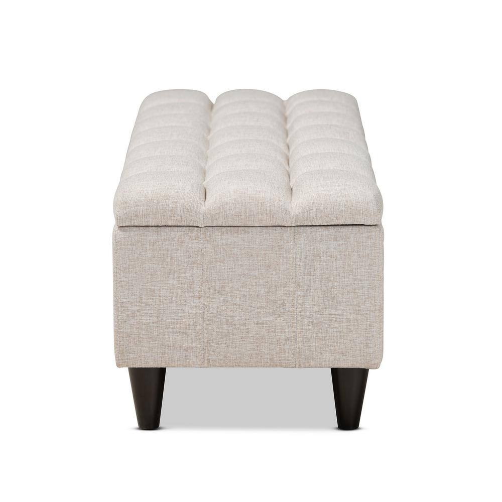 Beige Tufted Fabric Storage Bench with Dark Wood Legs