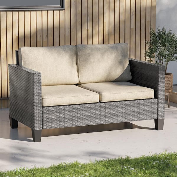 All-Weather Metal Frame Gray Wicker Outdoor Loveseat Patio Chaise Lounge with Beige Cushions