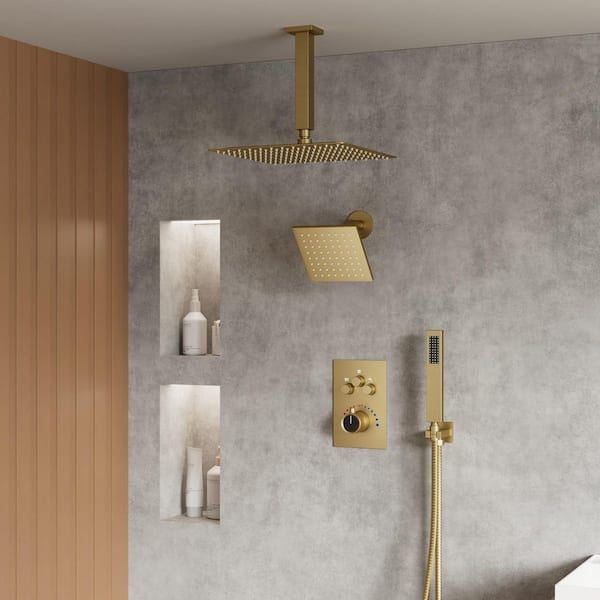 Triple Handle 7-Spray Patterns 12 in. Ceiling Mount Rainfall Shower Faucet with High Pressure in Brushed Gold
