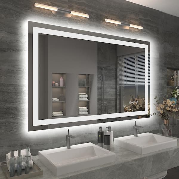 Apmir 48 in. W x 32 in. H Large Rectangular Frameless Double LED Lights Anti-Fog Wall Bathroom Vanity Mirror in Tempered Glass