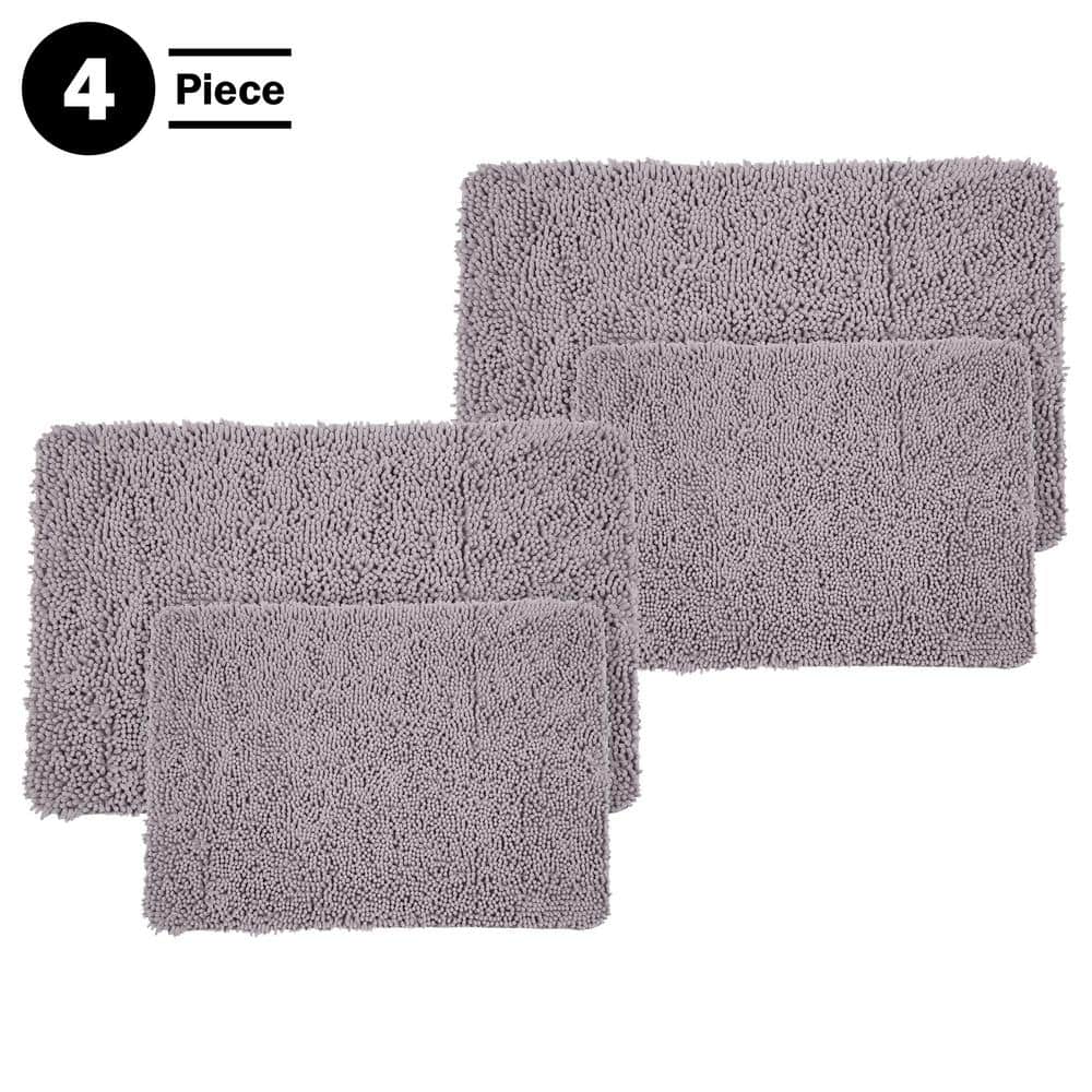 Gray 4-Piece Chenille Shag Bath Mat Set with Memory Foam Core