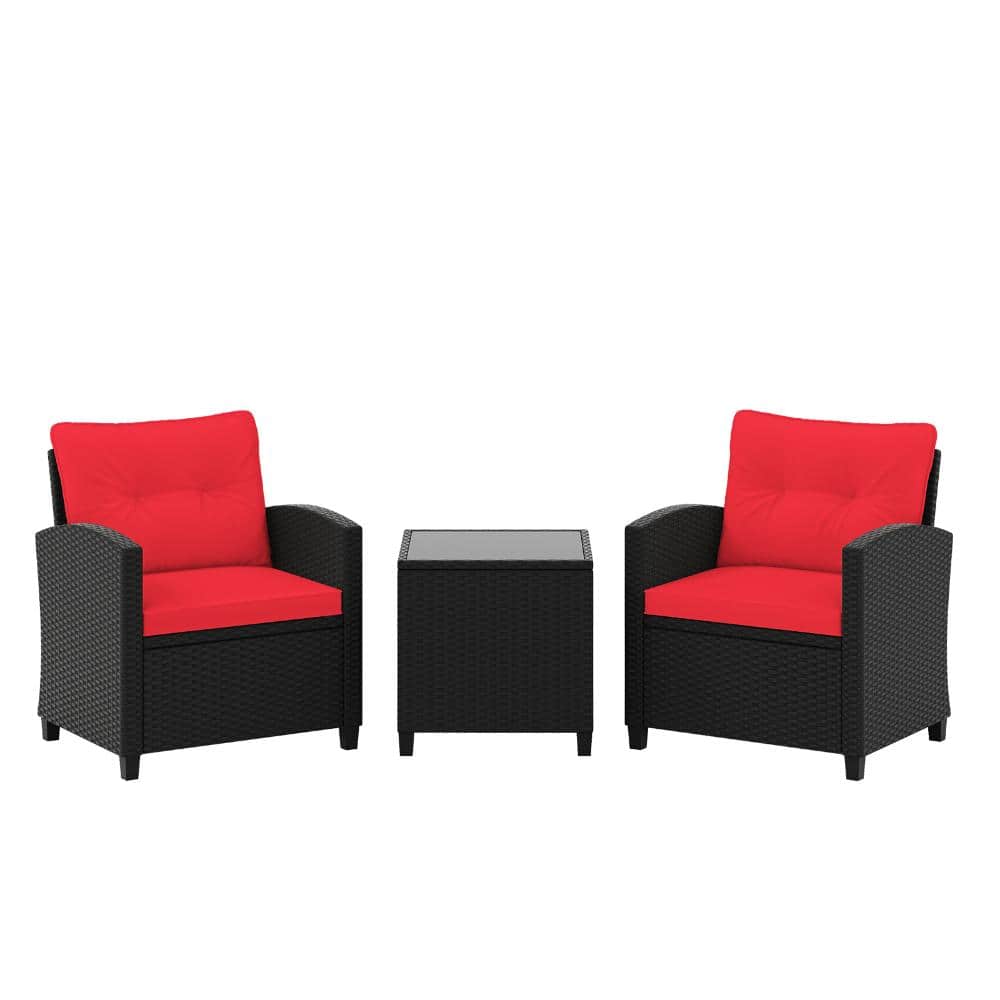 3-Piece Outdoor PE Rattan Patio Set with Red Cushions and Tempered Glass Coffee Table price history on PriceWatchPro