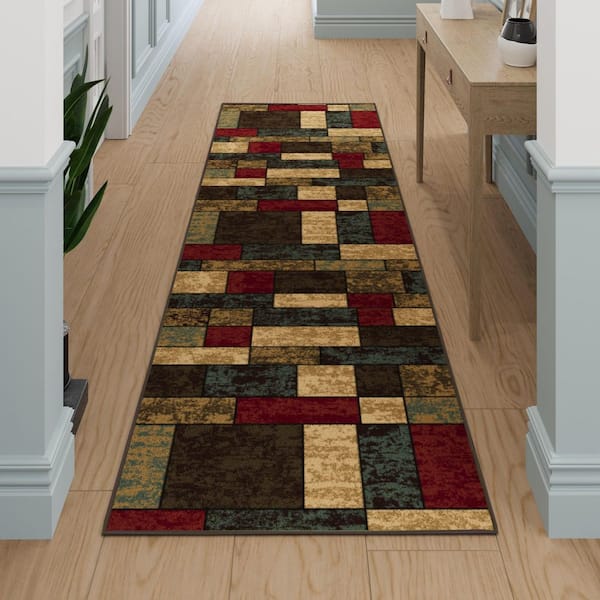 Ottohome Collection Non-Slip Rubberback Boxes Design 3x10 Indoor Runner Rug, 2 ft. 7 in. x 9 ft. 10 in., Multicolor
