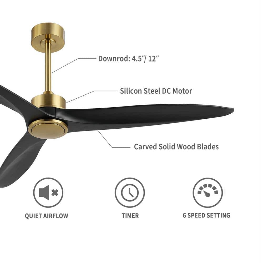 52'' Gold and Black Solid Wood 3-Blade Ceiling Fan with Remote