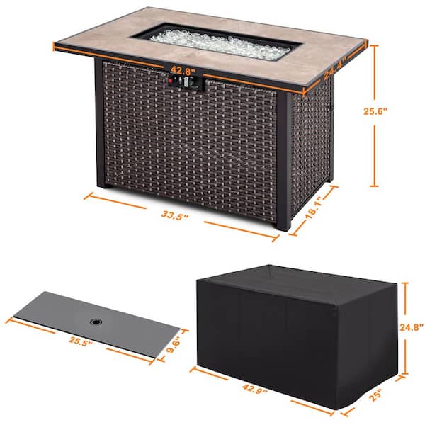 43 in. Wicker Outdoor Propane Gas Fire Pit Table with Ceramic Tabletop and Oxford Cover, 50000 BTU, Brown