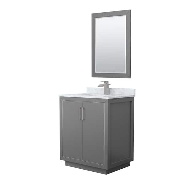 Wyndham Collection Icon 30 in. W x 22 in. D x 35 in. H Single Bath Vanity in Dark Gray with White Carrara Marble Top and 24" Mirror