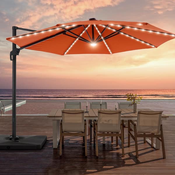 JOYESERY 11FT Round Aluminum Frame Outdoor Cantilever LED Umbrella Patio Umbrella 360° Rotation System, Red