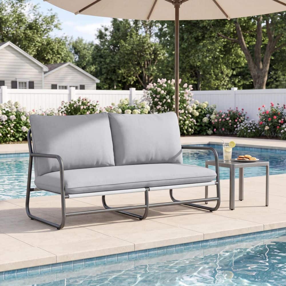 Emerson Aluminum Frame 62.99 in Patio Outdoor Fabric Upholstered 2-Seater Loveseat with Grey Cushions, Gunmetal, White price history on PriceWatchPro