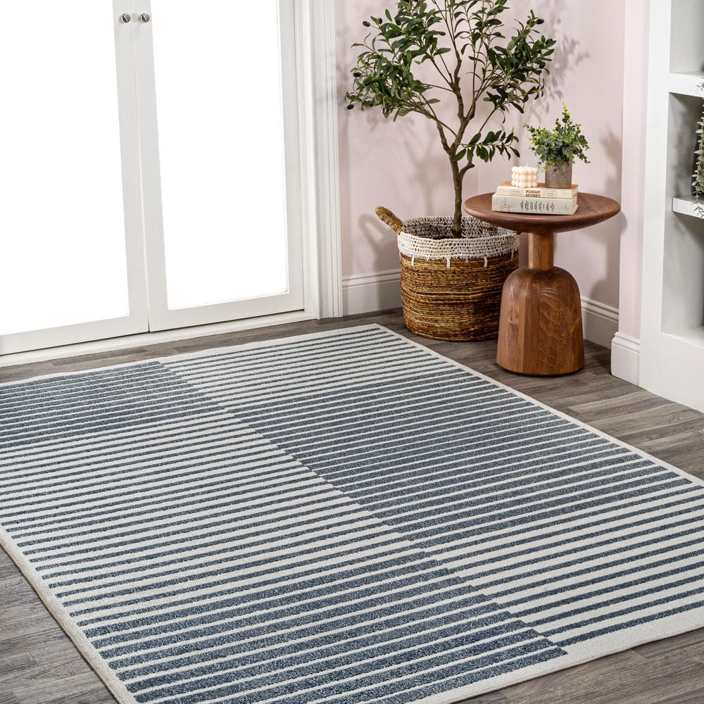 Gray and Cream Striped Washable 8' x 10' Area Rug